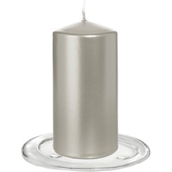 Trend Candles - Stompkaarsen met glazen onderzetters set van 2x stuks - zilver metallic 6 x 12 cm - Stompkaarsen