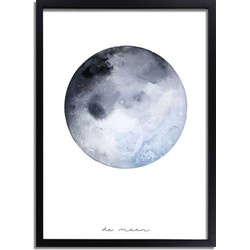 Maan Poster Grijs Blauw - A4 + Fotolijst zwart