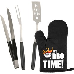 BBQ/barbecue gereedschap set 3-delig RVS met BBQ handschoen It's BBQ Time! - Barbecuegereedschapset