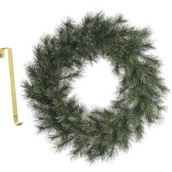 Kerstkrans groen 60 cm kunststof incl. messing deurhanger - Kerstkransen