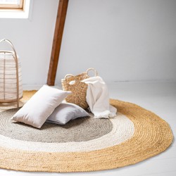 Rond Jute Vloerkleed Dart met Randen Geel/naturel/groen - <a href="https://vloerkledenloods.nl/vloerkleden/jute-vloerkleden">Jute</a> - Rond 200 Ø - (L)