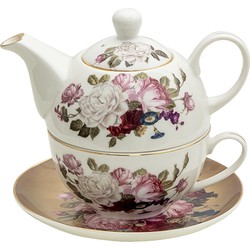 Clayre & Eef Tea for One  400 ml / 250 ml Wit Bruin Porselein Rond Bloemen Theepot set