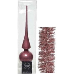 Kerstversiering glazen piek glans 26 cm en folieslingers pakket oud roze van 3x stuks - kerstboompieken