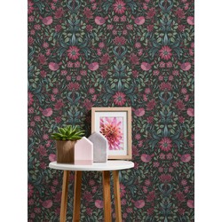 Livingwalls behang bloemmotief zwart, roze, blauw en groen - 53 cm x 10,05 m - AS-390751