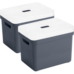 2x stuks opbergboxen/opbergmanden donkerblauw van 18 liter kunststof met transparante deksel - Opbergbox
