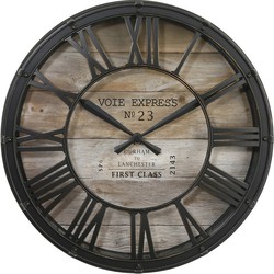 Atmosphera Wandklok/muur klok - Vintage - Dia 39 cm - kunststof/glas - Antraciet/hout - Wandklokken