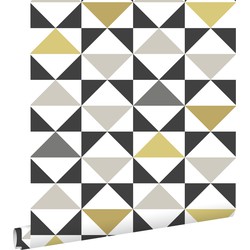 ESTAhome behang grafische driehoeken wit, zwart, grijs en okergeel - 0,53 x 10,05 m - 139095