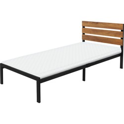 Metalen bed 90x200 cm zwart met lattenbodem en matras met houten hoofdbord en voeteneind ML design