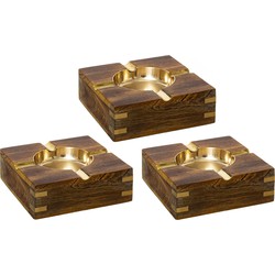 Set van 3x stuks terras asbakken vierkant metaal/hout 10 x 4 cm goud - Asbakken