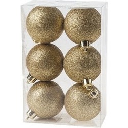 6x Kunststof kerstballen glitter goud 6 cm versiering - Kerstbal