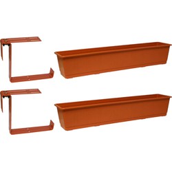 Set van 4 kunststof plantenbakken terracotta rechthoekig 80 cm met 8 verstelbare railing beugels - Plantenbakken