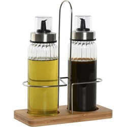 Items Azijn/Olie flessen tafelset - glas/metaal - transparant - met schenktuit - Olie- en azijnstellen