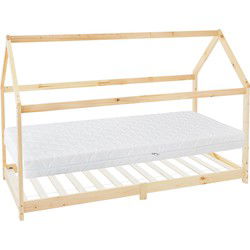 Kinderbed huisbed 90x200 cm van grenenhout incl. matras H-16cm houten bed met dak en lattenbodem ML design