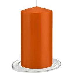 Trend Candles - Stompkaarsen met glazen onderzetters set van 2x stuks - oranje 8 x 15 cm - Stompkaarsen