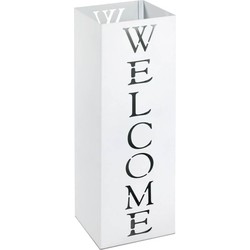 Paraplubak - Wit metalen parapluhouder - "Welcome" tekst - Uitneembare lekbak - Paraplustandaard - 16 x 16 x 48 cm