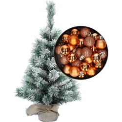 Besneeuwde mini kerstboom/kunst kerstboom 35 cm met kerstballen koper - Kunstkerstboom