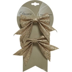 4x stuks decoratie strikjes/strikken champagne glitter op clip 18,5 x 14 cm - Kersthangers