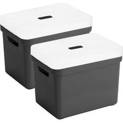 Set van 2x opbergboxen/opbergmanden zwart van 18 liter kunststof met transparante deksel - Opbergbox