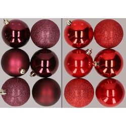 12x stuks kunststof kerstballen mix van aubergine en rood 8 cm - Kerstbal