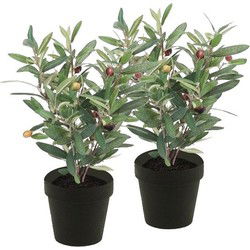 Kunstplant olijfboompje - 2x - groen - in zwarte pot - 35 cm - Kunstplanten