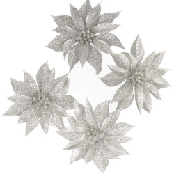 4x stuks kerstboom decoratie bloemen op clip zilver glitter 9.5 cm - Kersthangers