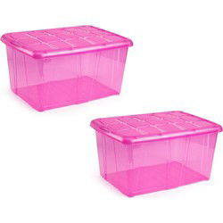 Plasticforte opslagbak organizers met deksel - 3x - roze - 60 liter - Opbergbox