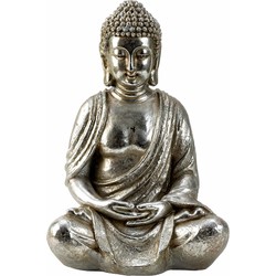 Boeddha beeldje zittend - binnen/buiten - kunststeen - zilver - 48 x 31 cm - Beeldjes