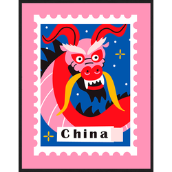 Any Image Print 'China Stamp' - Schilderij - Wanddecoratie - Inclusief beukenhouten lijst - Poster - 73x93cm - Zwarte lijst met Passe Partout