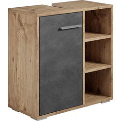 Badplaats Wastafel Onderkast Neptunus 60 x 28 x 60 cm - Kastanje Eiken met Donker Grijs - Badkamerkast – Staand Wastafelmeubel