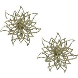 2x stuks decoratie bloemen kerstster champagne glitter op clip 14 cm - Kunstbloemen