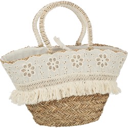 J-line - Strandtas Bloemen+franjes Zeegras Nat/creme - 59x16x30cm