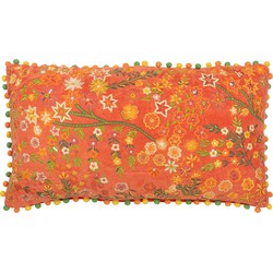 J-line - Kussen Rechthoek Bloemen+pompoms Fluweel Oranje - 65x35x15cm