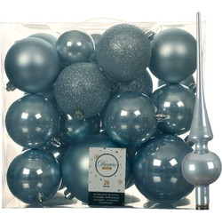 Set van 26x stuks kunststof kerstballen incl. glazen piek glans lichtblauw - Kerstbal