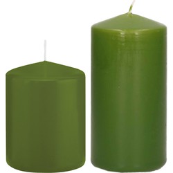 Stompkaarsen set van 2x stuks olijfgroen 8 en 12 cm - Stompkaarsen