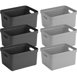 opbergboxen/opbergmanden - 6x stuks - 32 liter - kunststof - 45 x 35 x 24 cm - zwart/grijs - Opbergbox