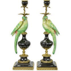 A PAIR OF BRONZE MOUNTED PORCELAIN PARROT CANDLE HOLDERS