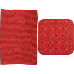 MSV Douche anti-slip mat en droogloop mat - Sevilla badkamer set - rubber/microvezel - rood - Badmatjes