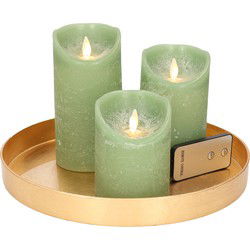 Ronde kaarsenplateau goud van kunststof D27 cm met 3 jade groene LED-kaarsen 10/12,5/15 cm - Kaarsenplateaus