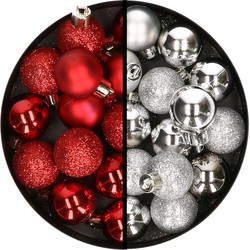 34x stuks kunststof kerstballen rood en zilver 3 cm - Kerstbal