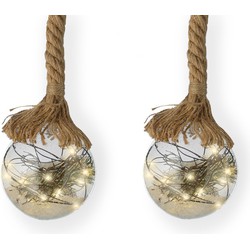 2x stuks verlichte glazen kerstballen aan touw met 30 lampjes zilver/warm wit 14 cm - kerstverlichting figuur