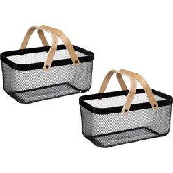 5Five draadmand/fruitschaal Maya - 2x stuks - rechthoek - zwart - 40 x 27 x 19 cm - metaal/hout - Fruitschalen