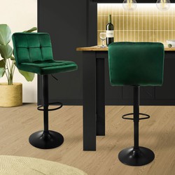 Barkruk set van 2 groen fluwelen bekleding met rugleuning en voetensteun in hoogte verstelbaar 63-83cm ML-Design