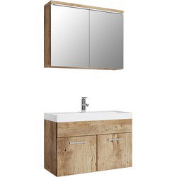 Badplaats Badkamermeubel Set Paso 02 80 cm - Kastanje Eiken - Badmeubel met Wastafel en Spiegelkast