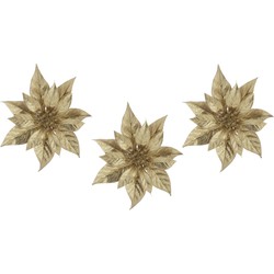 3x stuks decoratie bloemen kerstster goud glitter op clip 18 cm - Kunstbloemen