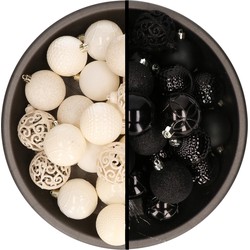 Kerstballen - 74x stuks - wol wit en zwart - 6 cm - kunststof - Kerstbal
