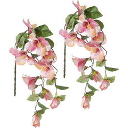 Louis Maes kunstbloemen - 2x - Hibiscus - roze - hangende tak van 165 cm - Hawaii/Zomer thema - Kunstbloemen