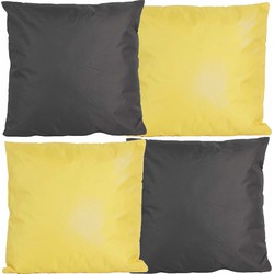 Bank/tuin kussens set - voor binnen/buiten - 4x stuks - geel/antraciet grijs - 45 x 45 cm - Sierkussens