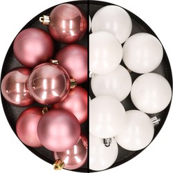 24x stuks kunststof kerstballen mix van oudroze en wit 6 cm - Kerstbal