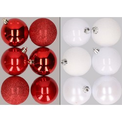 12x stuks kunststof kerstballen mix van rood en wit 8 cm - Kerstbal