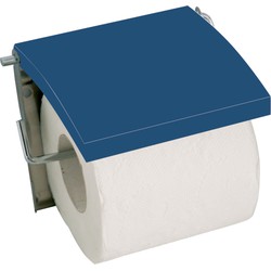 MSV Toiletrolhouder wand/muur - metaal en MDF hout klepje - donkerblauw - Toiletrolhouders